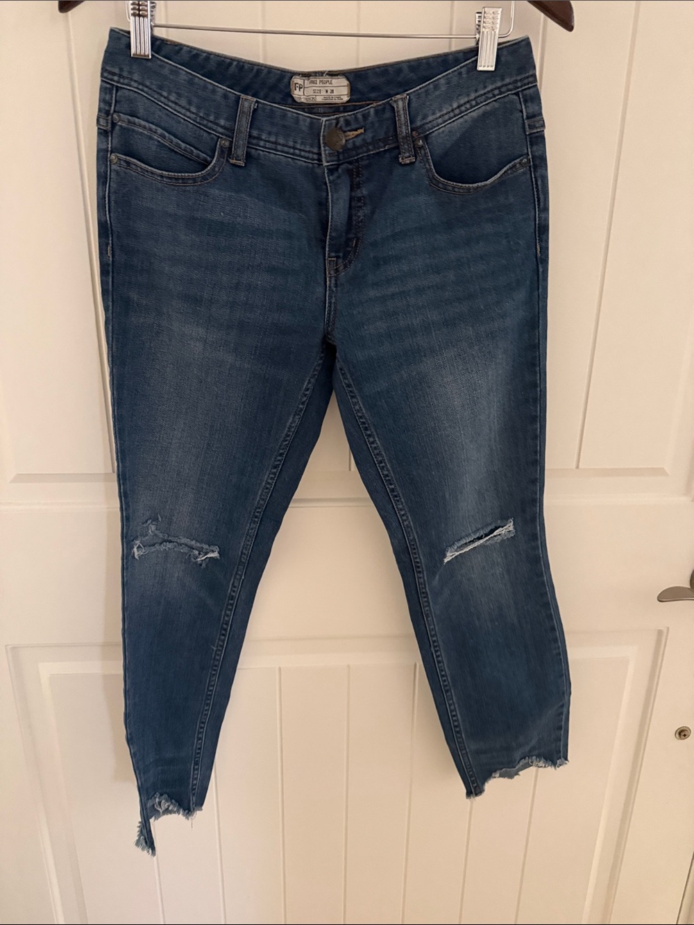 Free People Cropped Mid Blue Distressed Ankle Jeans